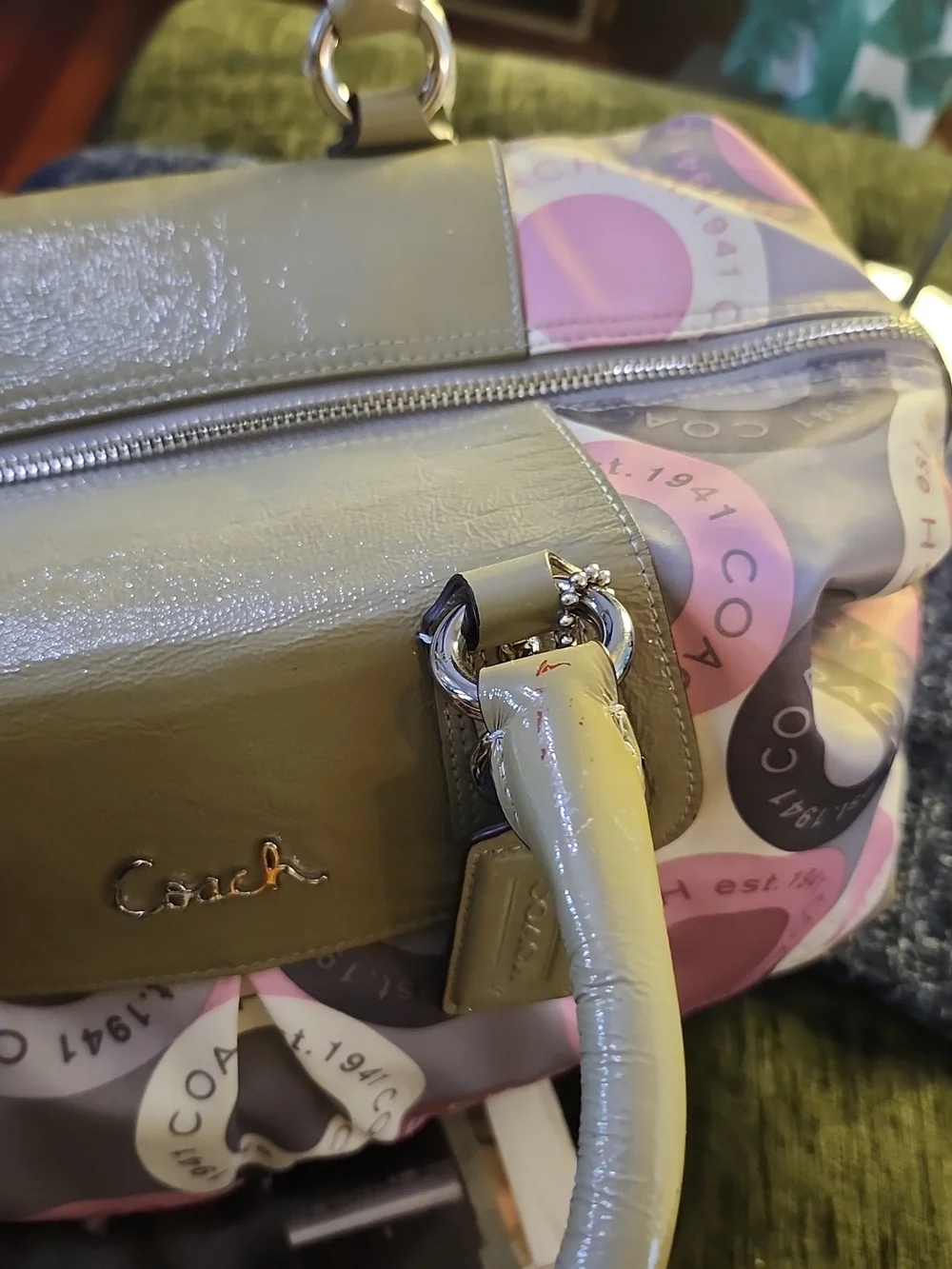 Coach Ashley Snaphead Satchel W/Pink & Olive Circle-Print Satin & Patent Trim - Picture 10 of 16